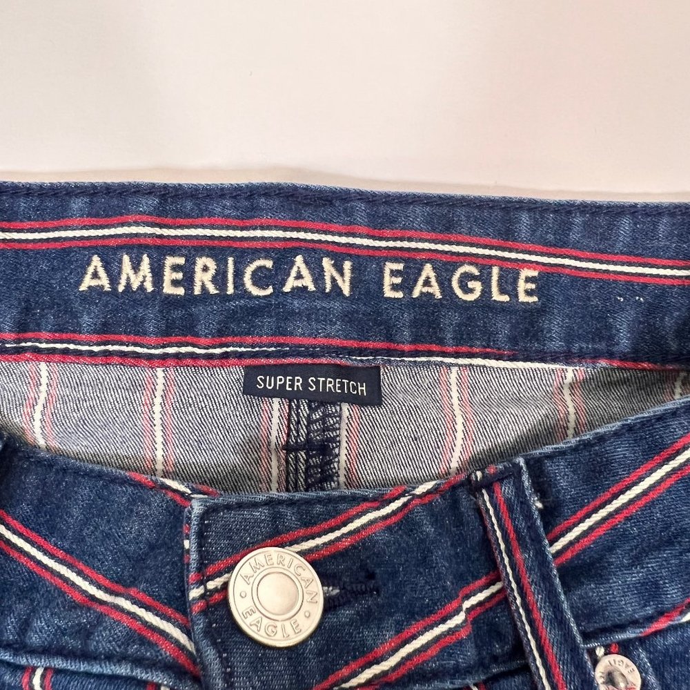American Eagle Super Stretch Red White Blue Denim Striped Mini Skirt Siz… - Picture 8 of 11